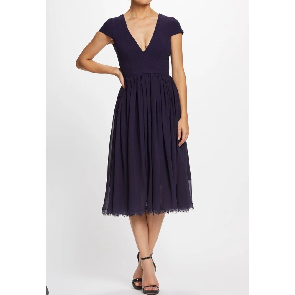 Dress the Population Corey Midi Dress L Midnight Blue Lace Trim Wedding Guest